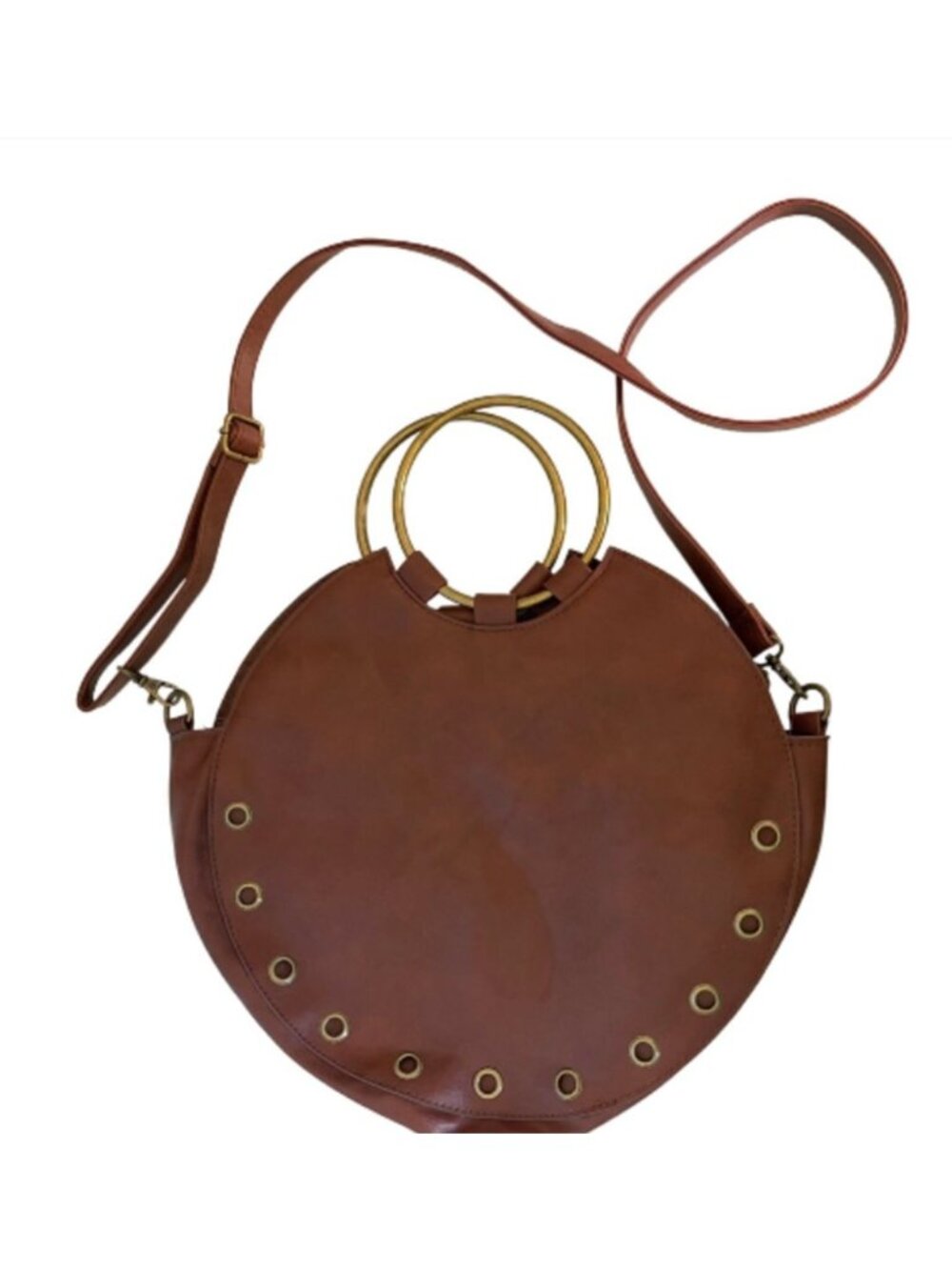 Anthropolgie Marla Round Crossbody Bag Boho Brown Faux Leather Brass Ring Handle